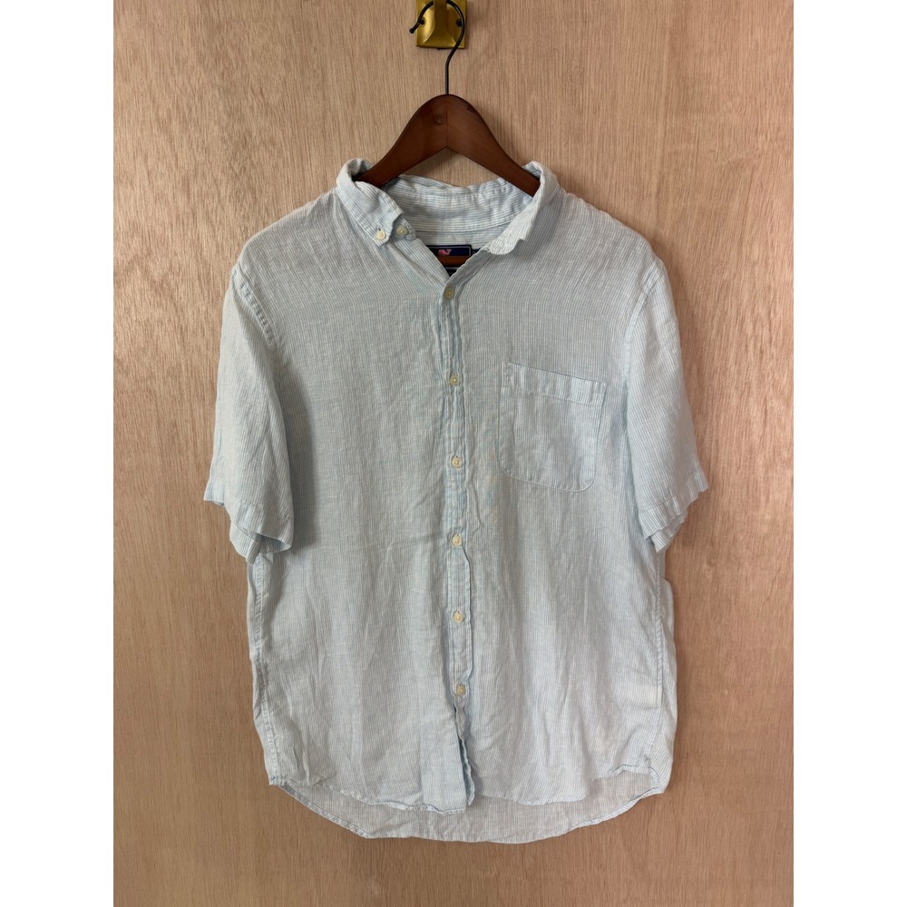 Vineyard Vines Murray Shirt Mens Large Slim Fit Light Blue Striped 100% Linen SS